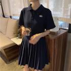 Lettering Short-sleeve Polo Pleated Dress