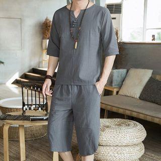 Set: Elbow-sleeve Linen T-shirt + Harem Pants