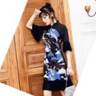 Traditional Chinese 3/4-sleeve Pleated Trim Printed Mini Dress