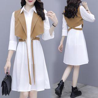 Set: 3/4-sleeve Plain Shirtdress + Vest