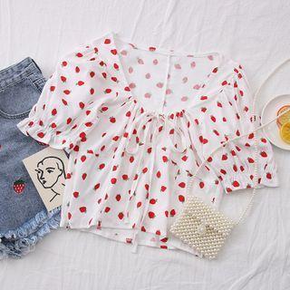 Tie-neckline Strawberry-print Crop Blouse White - One Size