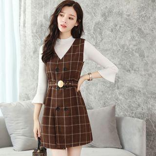 Set: 3/4-sleeve Knit Top + Plaid Jumper Dress