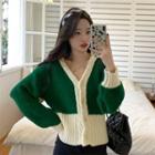 Two Tone V-neck Cardigan Green - One Size