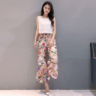 Set: Sleeveless Top + Printed Wide Leg Pants