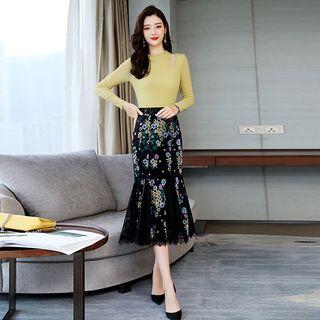 Set: Long-sleeve Cut Out T-shirt + Floral Print Midi Mermaid Skirt