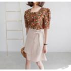 Square-neck Short-sleeve Floral Linen Blouse