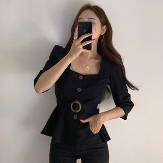 Square-neck Buttoned Belted Peplum Blouse
