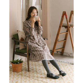 Round-neck Buttoned Long Plaid Dress