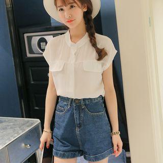 Band Collar Short-sleeve Blouse
