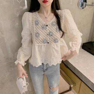 Puff-sleeve V-neck Cutout Top As Shown In Figure - One Size