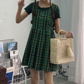 Plain T-shirt / Plaid Pinafore Long/midi Dress