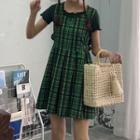 Plain T-shirt / Plaid Pinafore Long/midi Dress