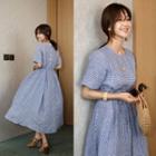 Round-neck Checked Linen Long Dress With Sash