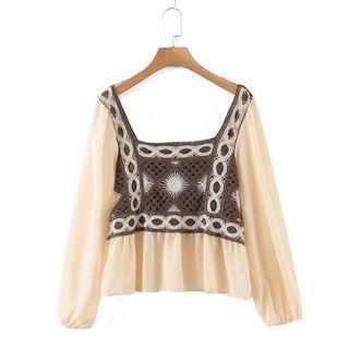 Square-neck Crochet Panel Blouse Almond - One Size
