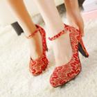 Wedding Embroidered Ankle Strap Pumps