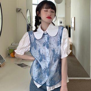 Puff-sleeve Peter Pan-collar Plain Blouse / Lace Vest