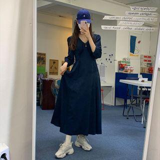 V-neck Tie-waist Flared Long Dress
