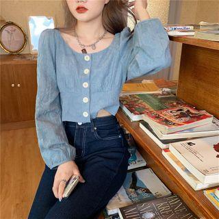 Plain Long-sleeve Slim-fit Crop Blouse