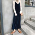 Long-sleeve Turtleneck Top / Spaghetti Strap Velvet Midi Dress