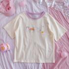 Short-sleeve Cartoon Print T-shirt Purple Collar - Beige - One Size
