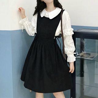 Ruffle Trim Blouse / Side Lace-up Sleeveless A-line Pinafore Dress