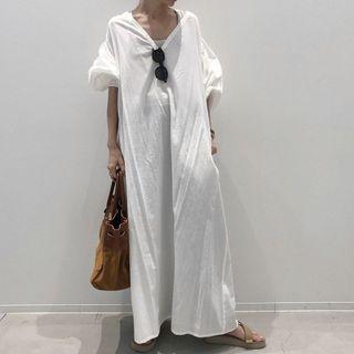 Elbow-sleeve Maxi A-line Dress White - One Size