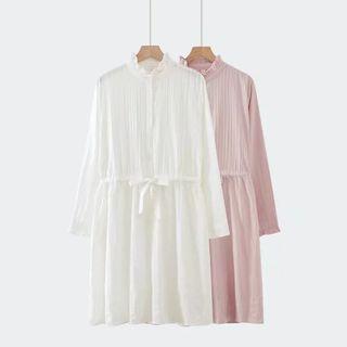 Long-sleeve Frill-trim Tie-waist Dress