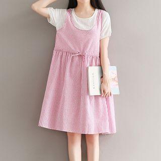 Mock Two Piece Striped Panel Short Sleeve Midi Dress