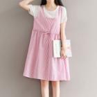 Mock Two Piece Striped Panel Short Sleeve Midi Dress