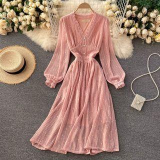 V-neck Puff-sleeve Lace Dress