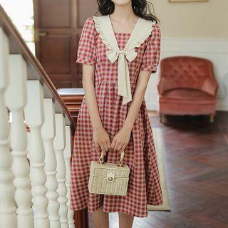 Bow Short-sleeve Plaid Dress