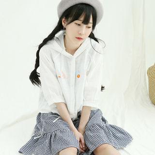 Cat-embroidery Hooded Windbreaker White - One Size