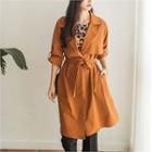 Tab-sleeve Midi Trench Coat With Sash