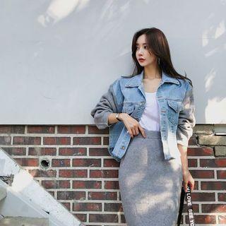 Set: Knit-sleeve Denim Jacket + Knit Midi Skirt