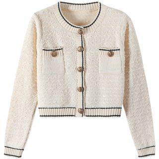 Contrast Trim Cropped Cardigan Almond - One Size