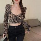 Leopard-print Deep V-neck Crop T-shirt Leopard - One Size