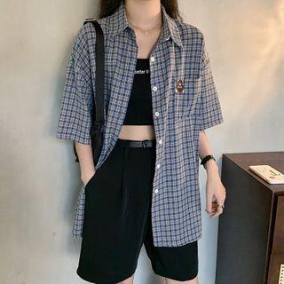 Elbow-sleeve Bear Embroidered Shirt