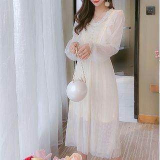 Long-sleeve V-neck Lace Panel Chiffon Midi Dress