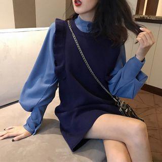 Set: Puff Sleeve Stand Collar Shirt + Frilled Trim Sleeveless Knit Dress