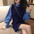 Set: Puff Sleeve Stand Collar Shirt + Frilled Trim Sleeveless Knit Dress