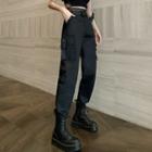 Short-sleeve Strappy Cropped T-shirt / Buckled Cargo Harem Pants