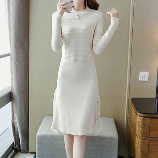 Long-sleeve Lace Panel Midi Shift Knit Dress