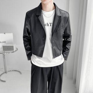 Long-sleeve Buttoned Faux Leather Cropped Jacket