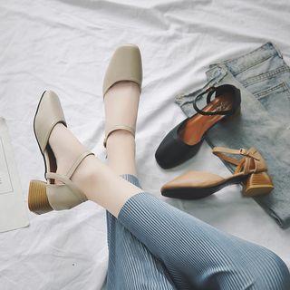 Faux Leather Ankle Strap Chunky Heel Pumps