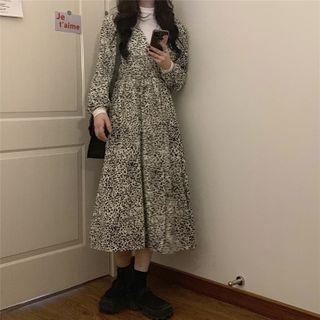 Long-sleeve Leopard Pattern Chiffon Dress Leopard - One Size