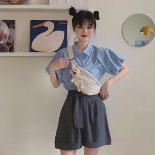 Short-sleeve Shirt / Tie-waist Wide-leg Shorts