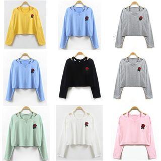 Rose Embroidered Long-sleeve Crop Top