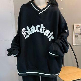 Contrast Stripe V-neck Lettering Pullover