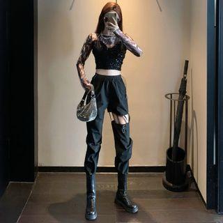 Camouflage Long-sleeve Mesh Top / Sequined Cropped Camisole / Cut-out Cropped Harem Pants