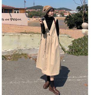 V-neck Corduroy Midi Overall Dress / Turtleneck Knit Top